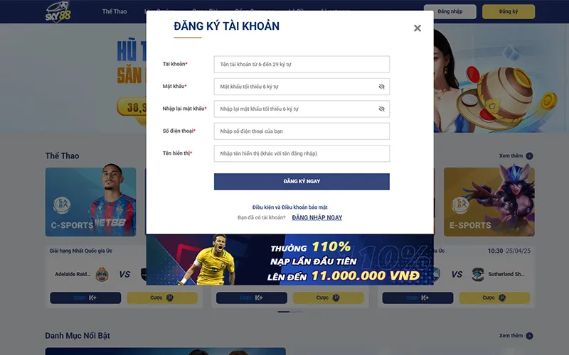 Giao diện xác nhận đăng ký tài khoản SKY88 Xác nhận đăng ký SKY88 thành công
