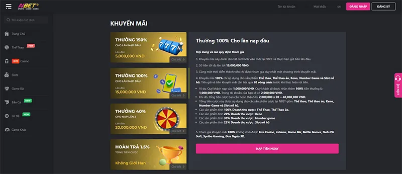Ưu đãi thành viên VIP nổi bật của NBETChương trình khuyến mãi NBET cho hội viên VIP